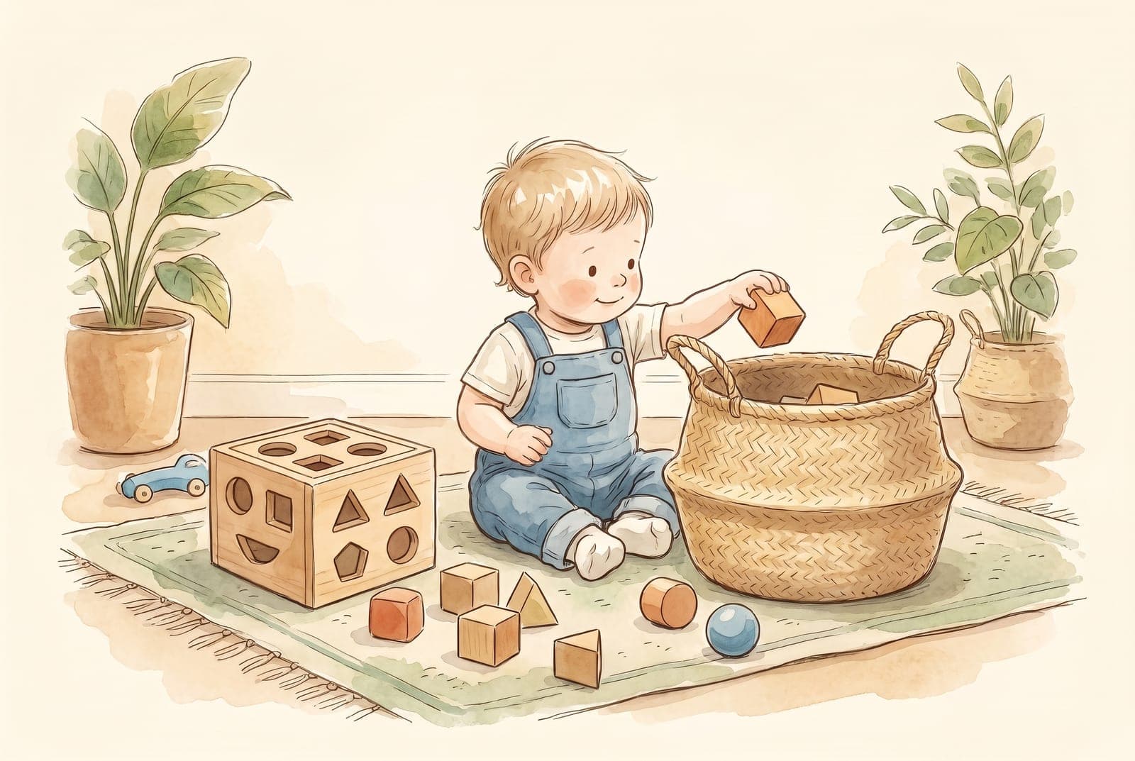 A toddler sitting on the floor drops chunky wooden blocks into a woven basket next to a wooden shape sorter.