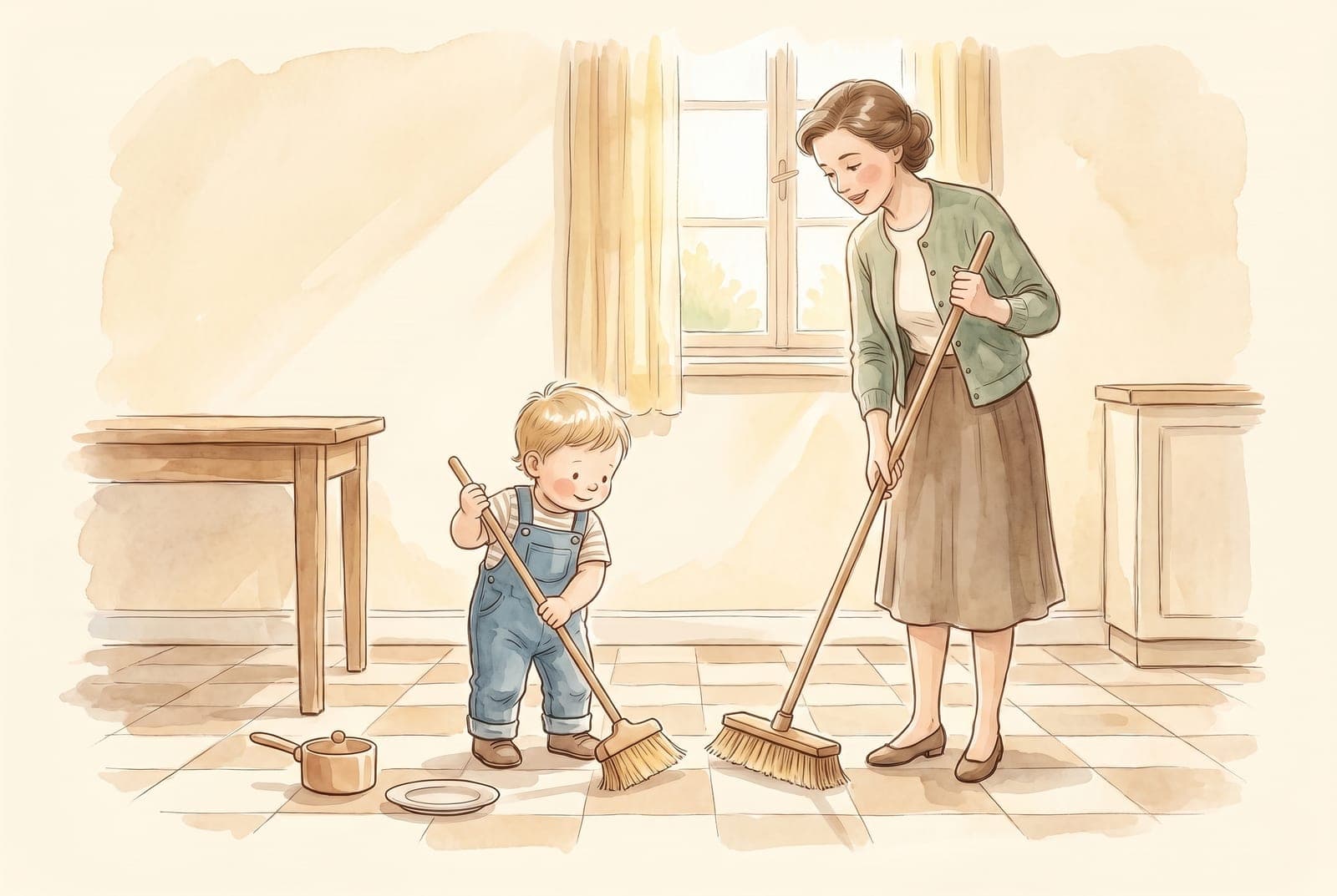 A toddler sweeps with a small toy broom while a parent sweeps with a full-size broom in a sunny kitchen.