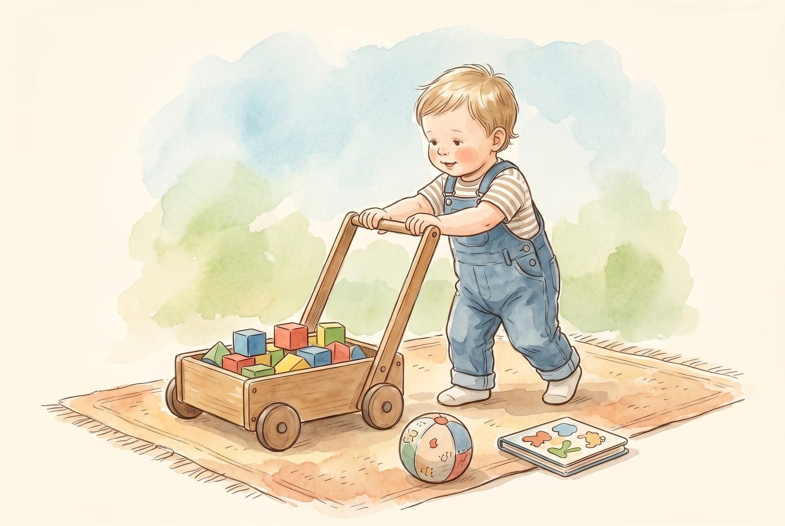 A toddler takes wobbly steps pushing a wooden cart full of blocks across a rug.