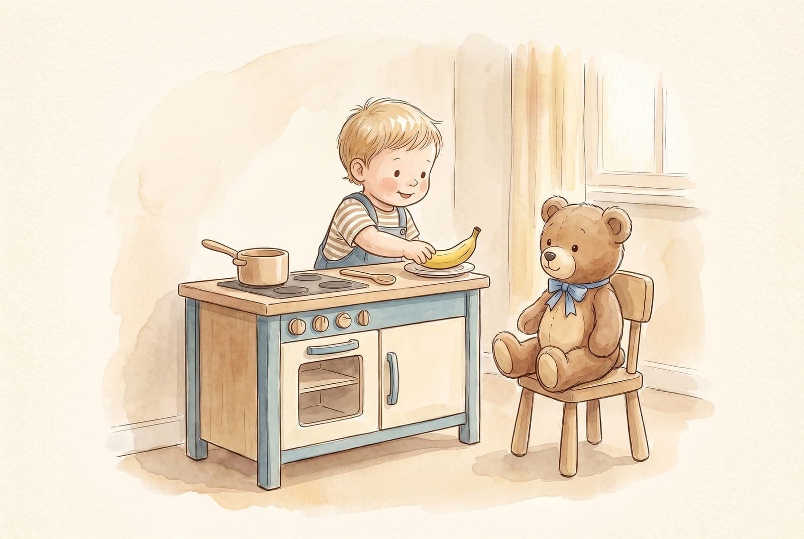 A two-year-old at a wooden play kitchen puts a toy banana on a plate for a teddy bear sitting on a small chair.