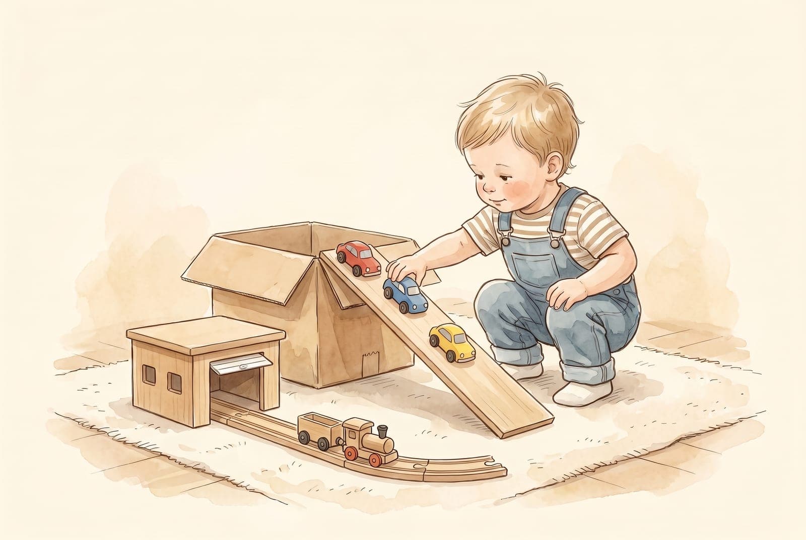 A toddler sends small wooden cars down a ramp made from a cardboard box, next to a toy garage and a short train track.