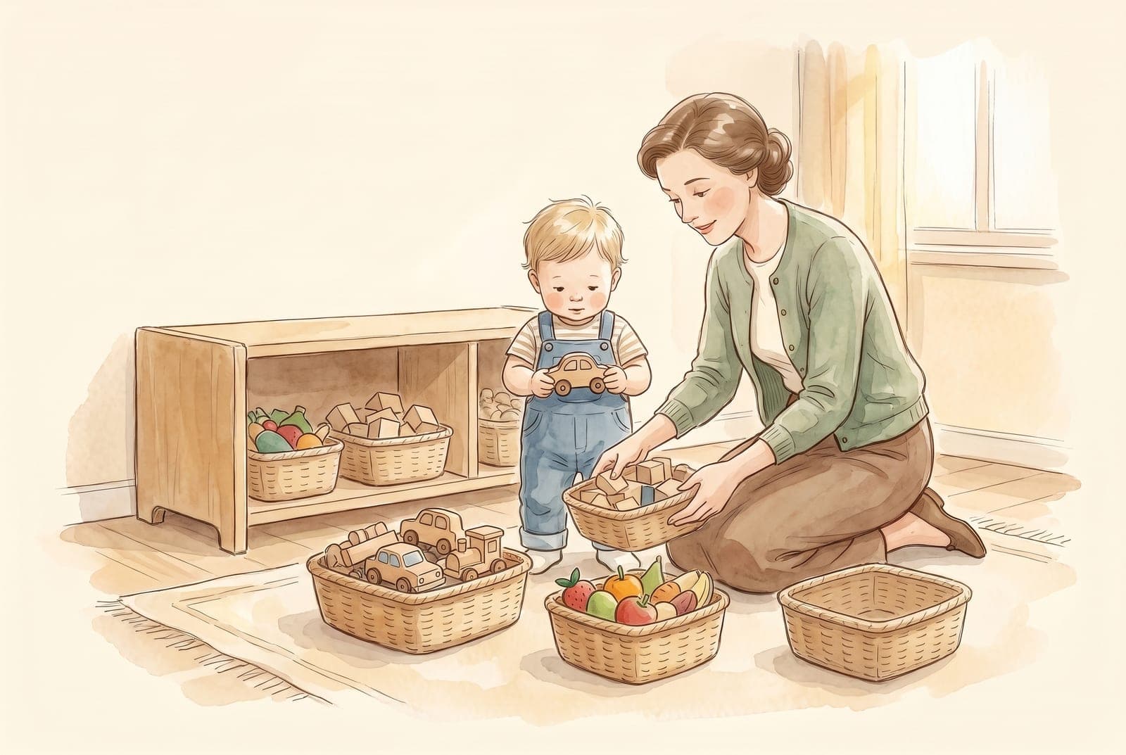A parent sorts toys into baskets on a low shelf: one overflowing with vehicles, others with blocks and toy food, and one empty, while a toddler watches.