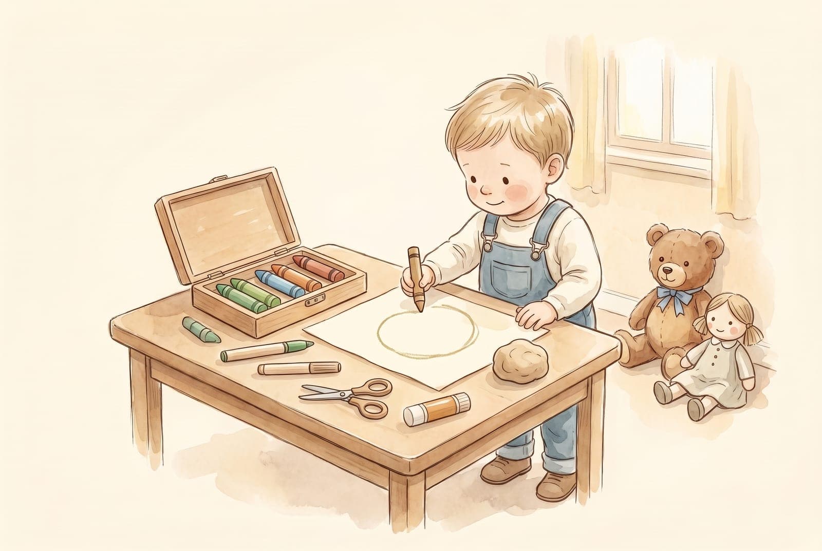 An open wooden art box with chunky crayons, markers, round-tipped scissors, a glue stick and playdough while a child draws a circle.