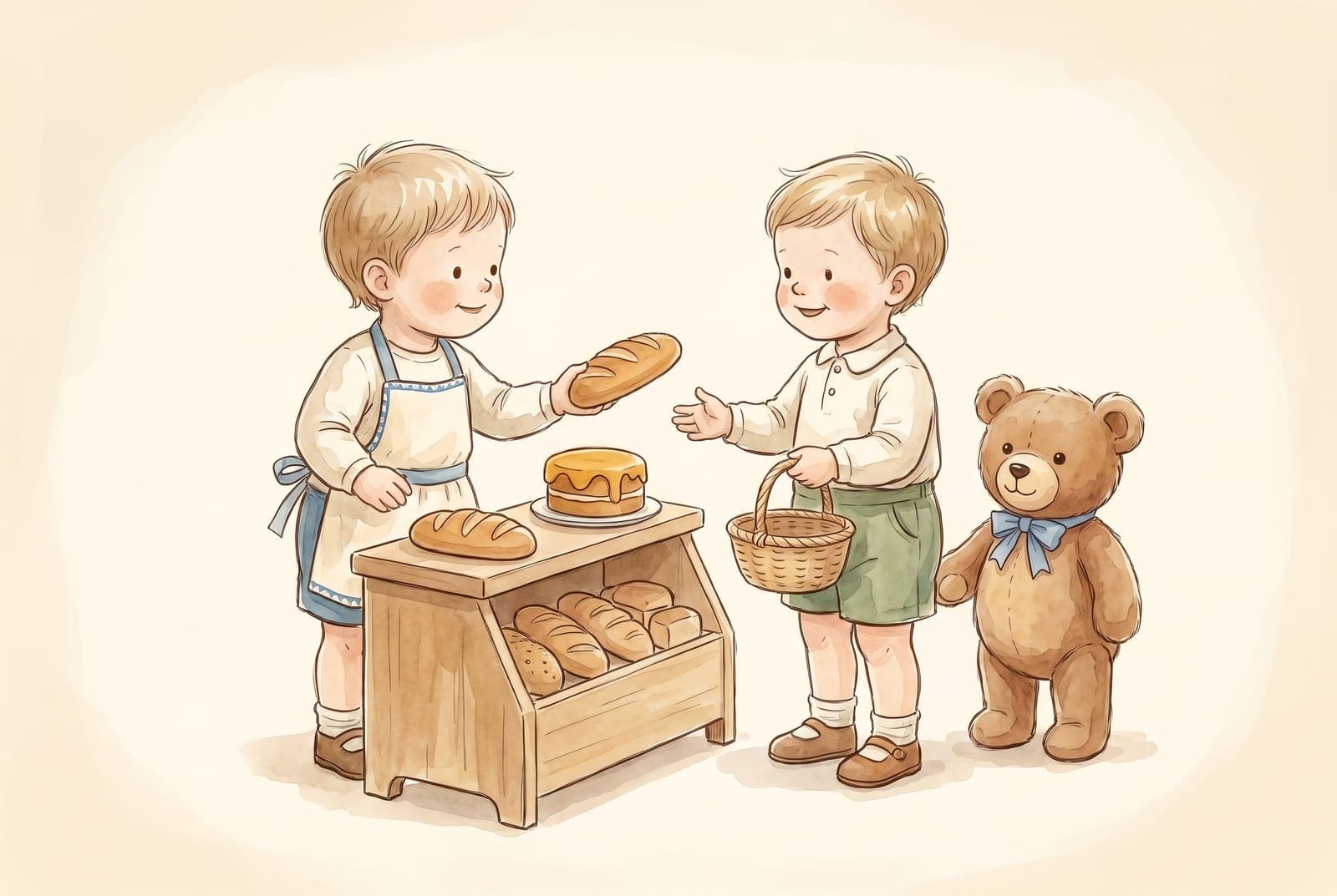 Two three-year-olds play pretend bakery at a wooden stand, one selling wooden bread and the other holding a basket, with a teddy bear waiting in line.