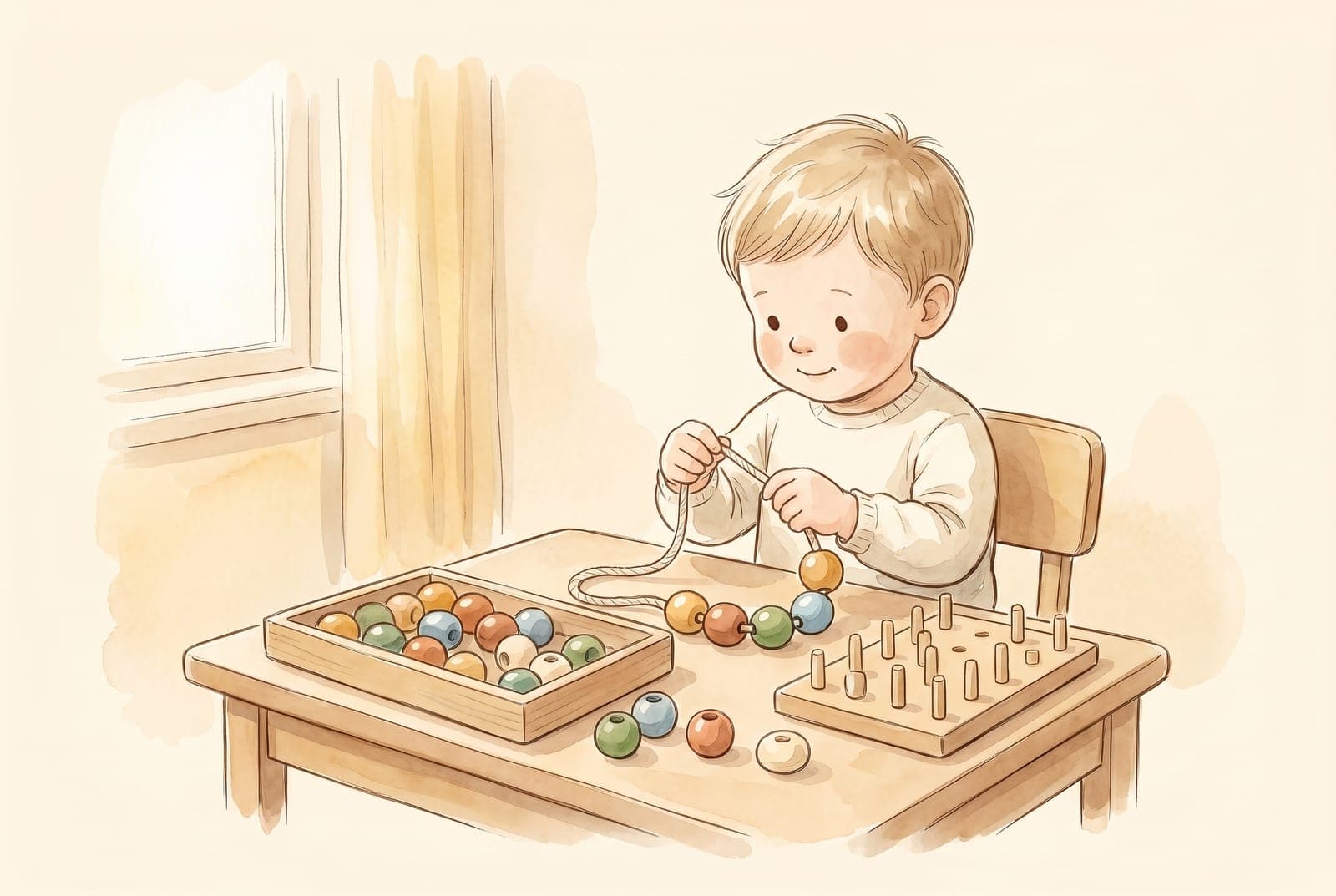 A three-year-old at a small table threads large wooden beads onto a lace, with a tray of beads and a pegboard nearby.