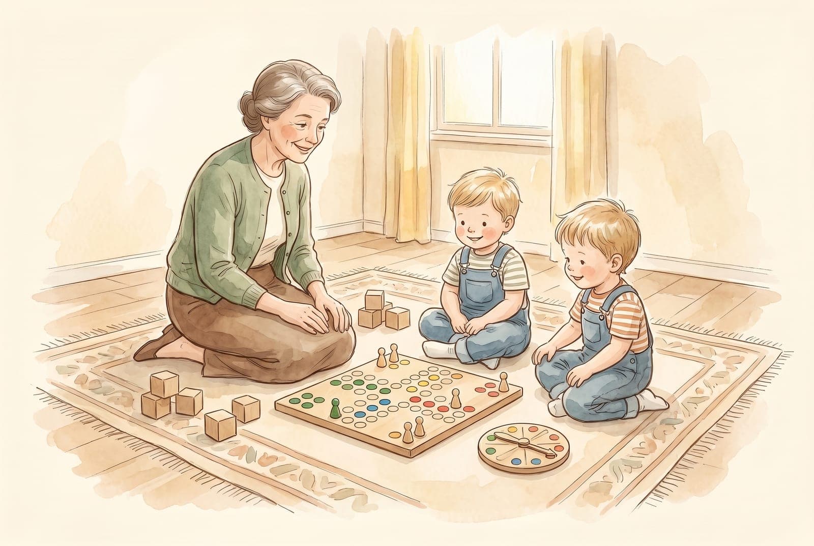 Two four-year-olds and a grandparent play a simple board game with a spinner and wooden pawns on a rug.