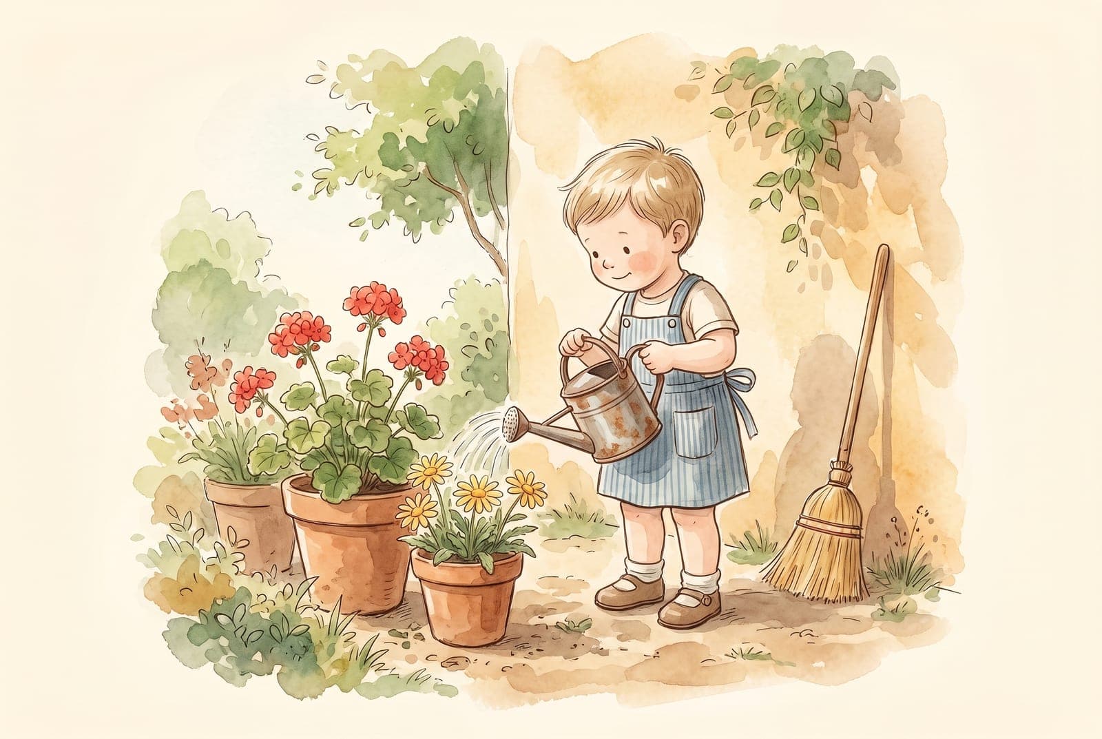 A four-year-old in an apron waters potted flowers with a child-size watering can, with a small broom against the wall.