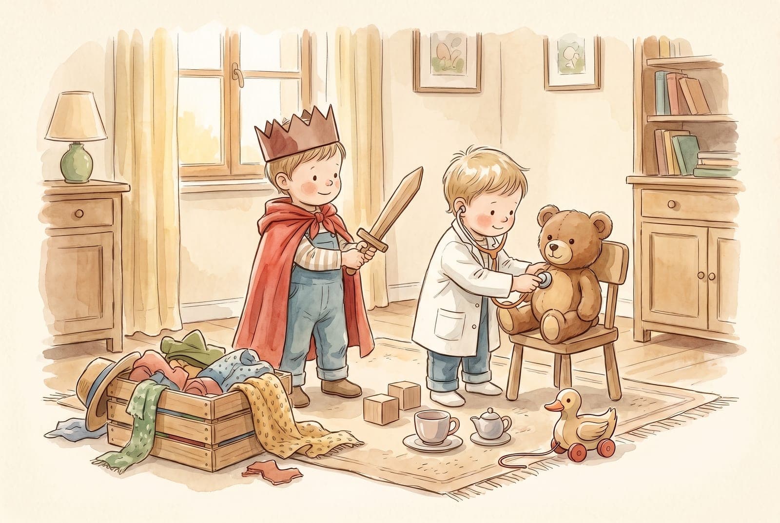 Two four-year-olds in dress-up: one in a cape and paper crown, the other in a doctor's coat checking a teddy bear with a toy stethoscope.
