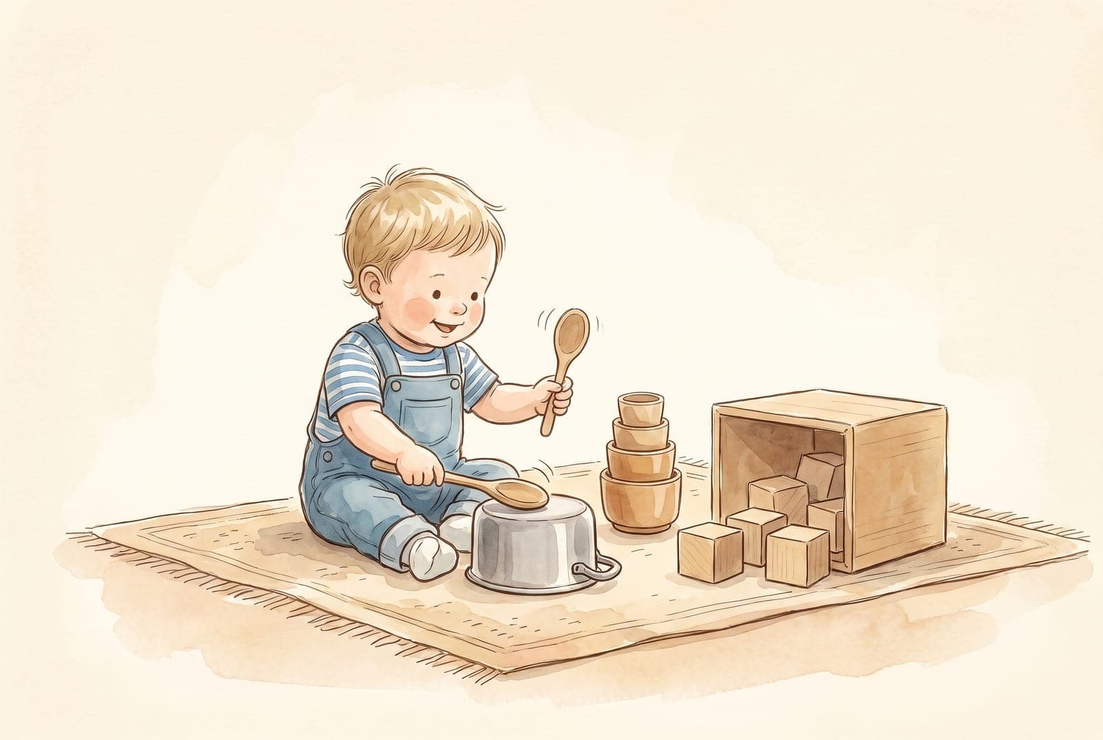 A seated baby bangs a wooden spoon on a small pot next to nesting cups and a box of large wooden blocks.