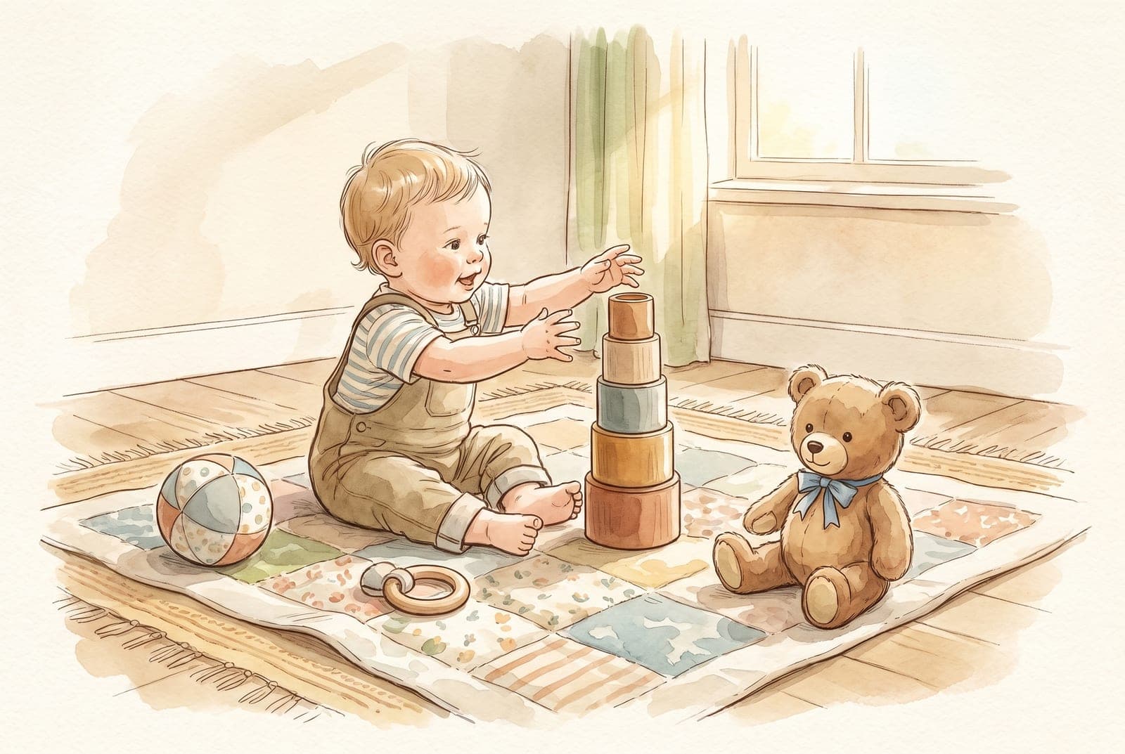 A baby sitting on a quilt reaches for nesting stacking cups, with a fabric ball, a wooden ring rattle and a teddy bear nearby.