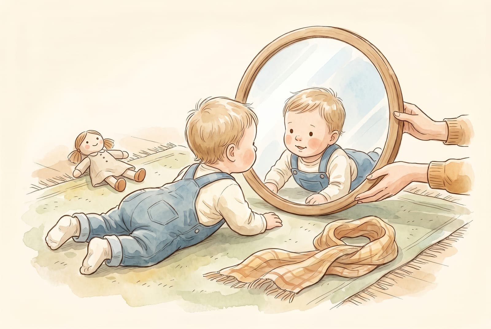 A baby on their tummy looks at their reflection in a round floor mirror, with a soft toy just out of reach and a scarf nearby.