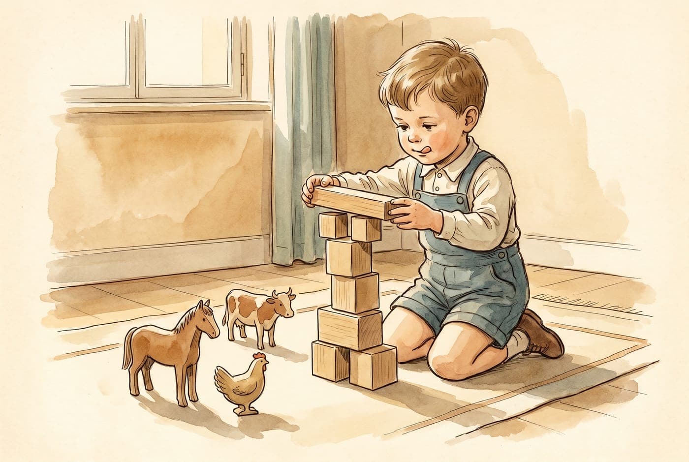 Watercolor illustration of a child carefully balancing plain wooden blocks into a tower with small animal figures nearby.
