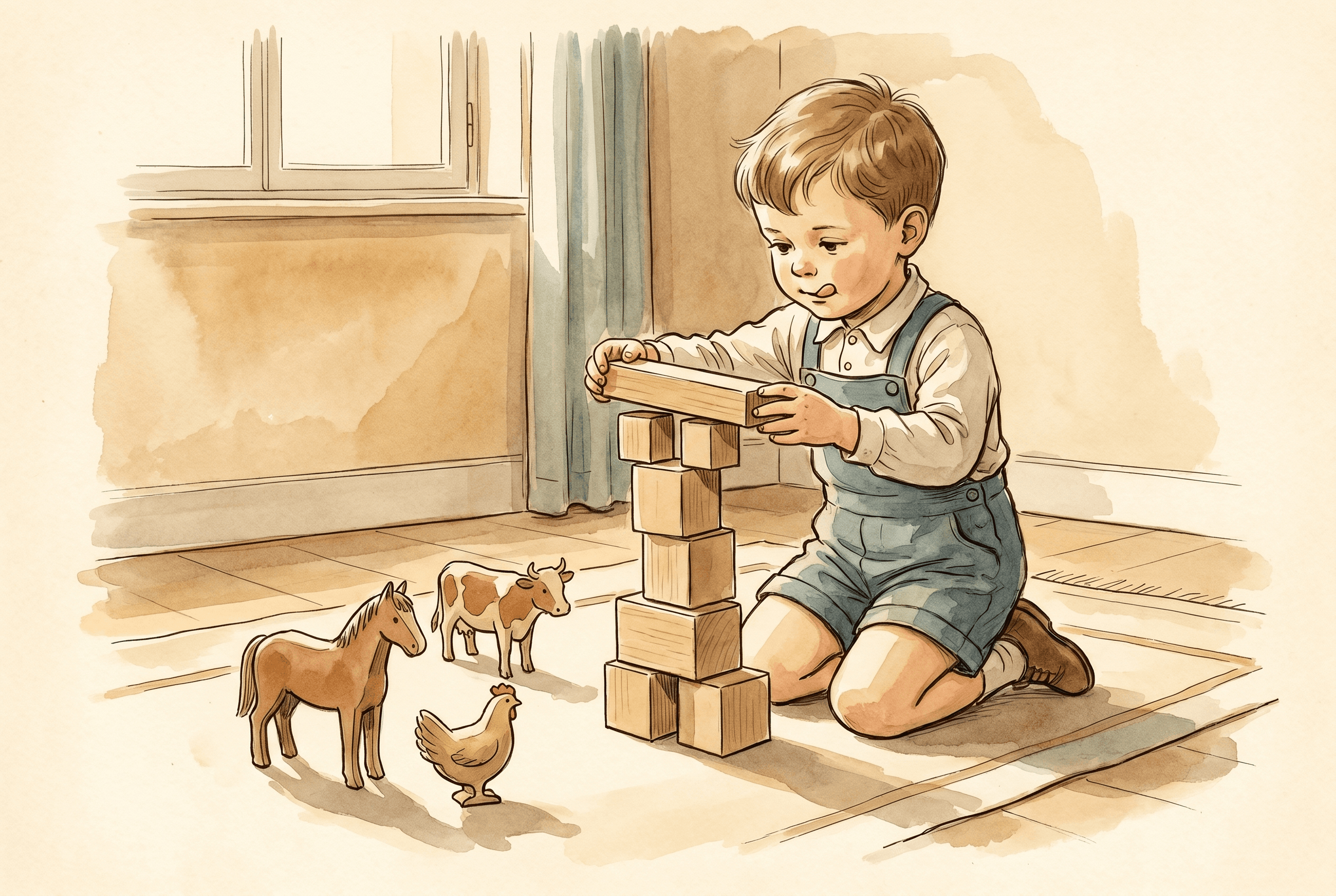 Watercolor illustration of a child carefully balancing plain wooden blocks into a tower with small animal figures nearby.