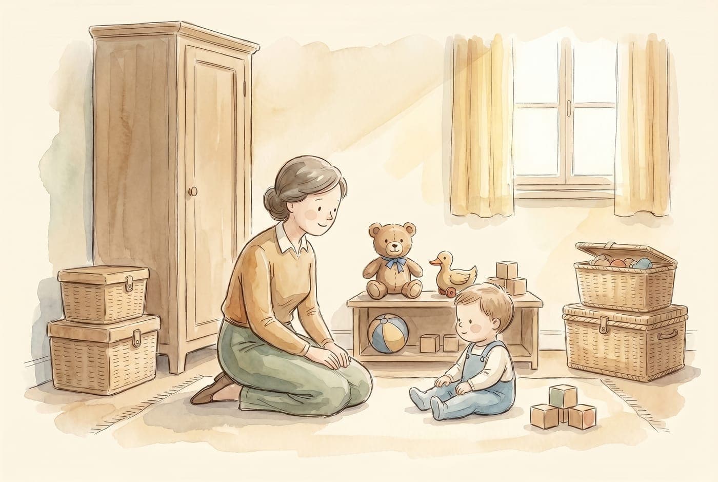 Watercolor illustration of a calm playroom with most toys resting in closed baskets and a small tidy shelf beside a relaxed parent and child.