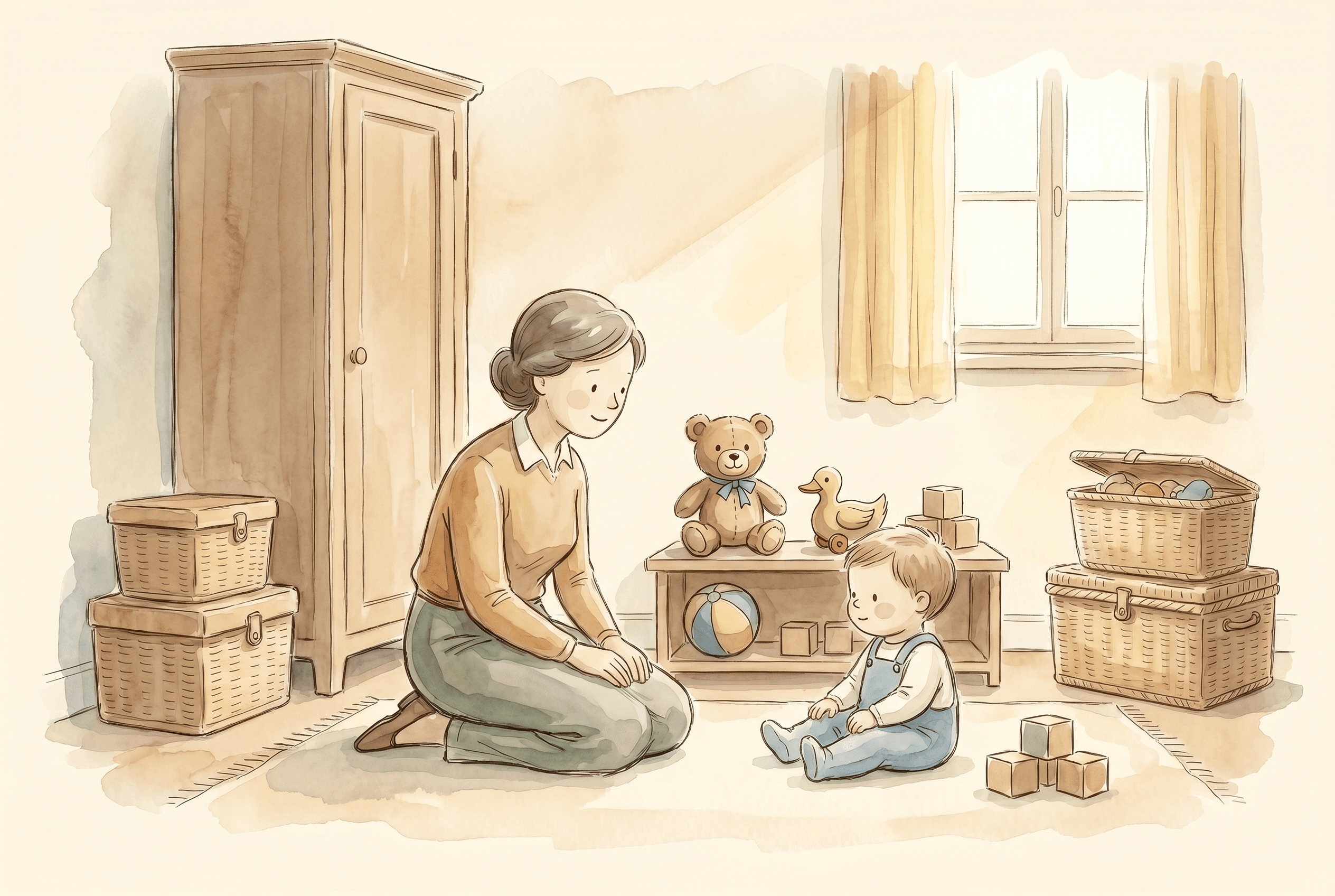 Watercolor illustration of a calm playroom with most toys resting in closed baskets and a small tidy shelf beside a relaxed parent and child.