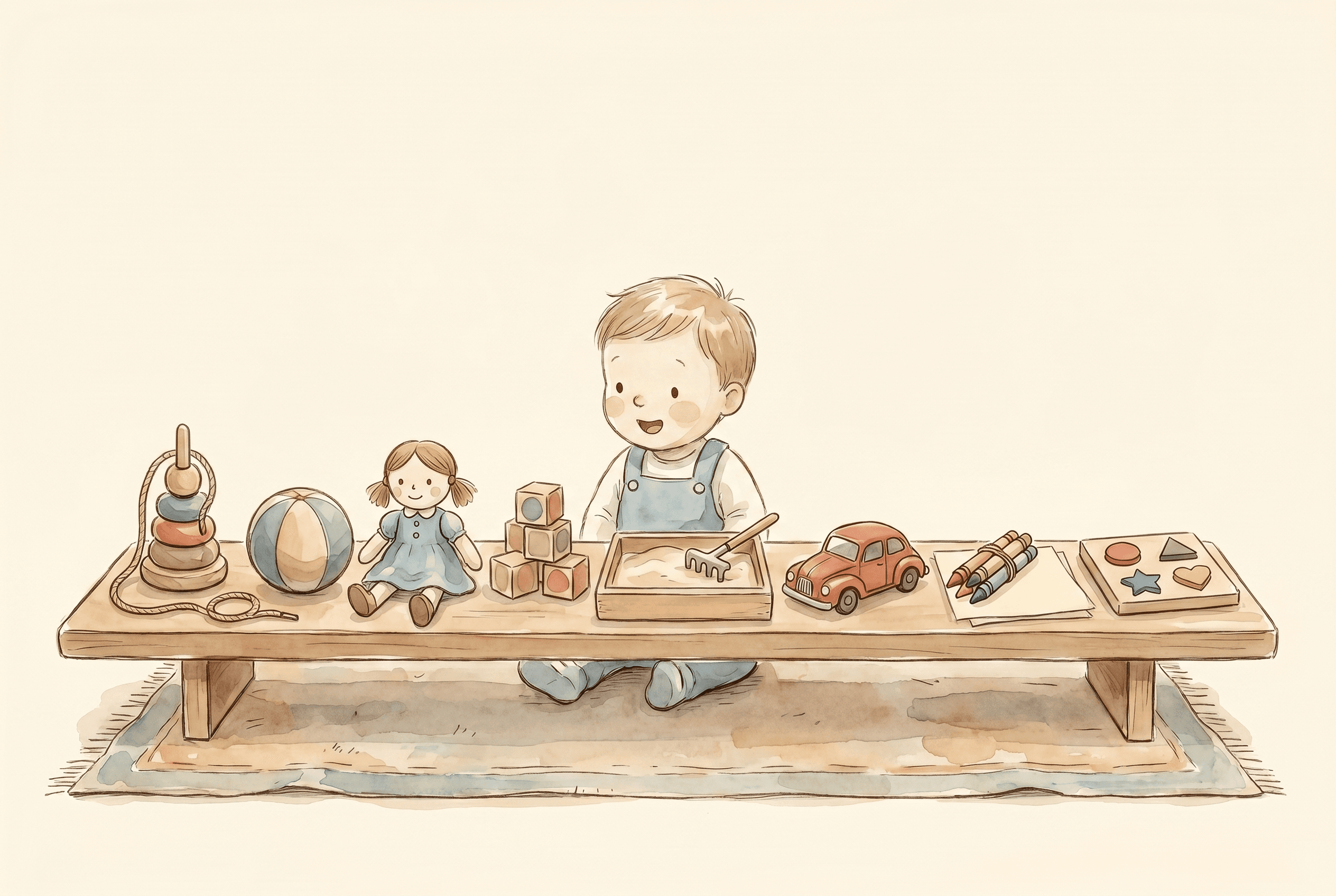 Watercolor illustration of a child looking at a balanced shelf with lacing toys, a ball, a doll, blocks, a sand tray, a toy car, crayons, and a puzzle.