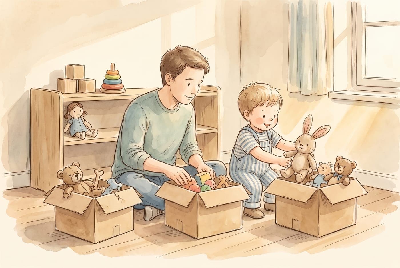 Watercolor illustration of a parent and young child sorting toys into three cardboard boxes, the child smiling as they put a stuffed bunny into one.