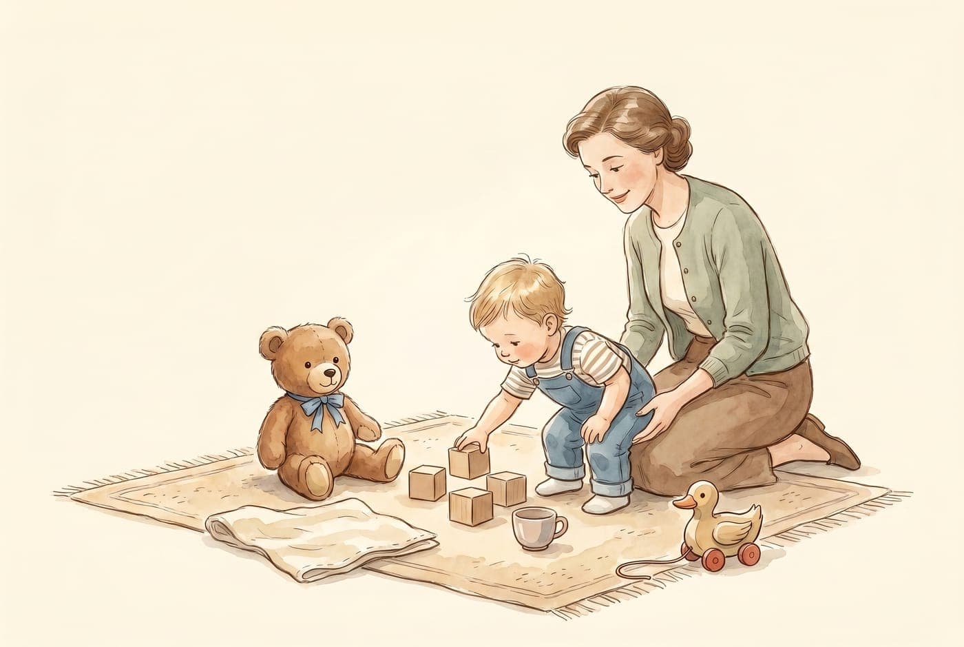Watercolor illustration of a parent setting out a teddy bear, blanket, blocks, cup, and pull duck as a play invitation for a toddler.