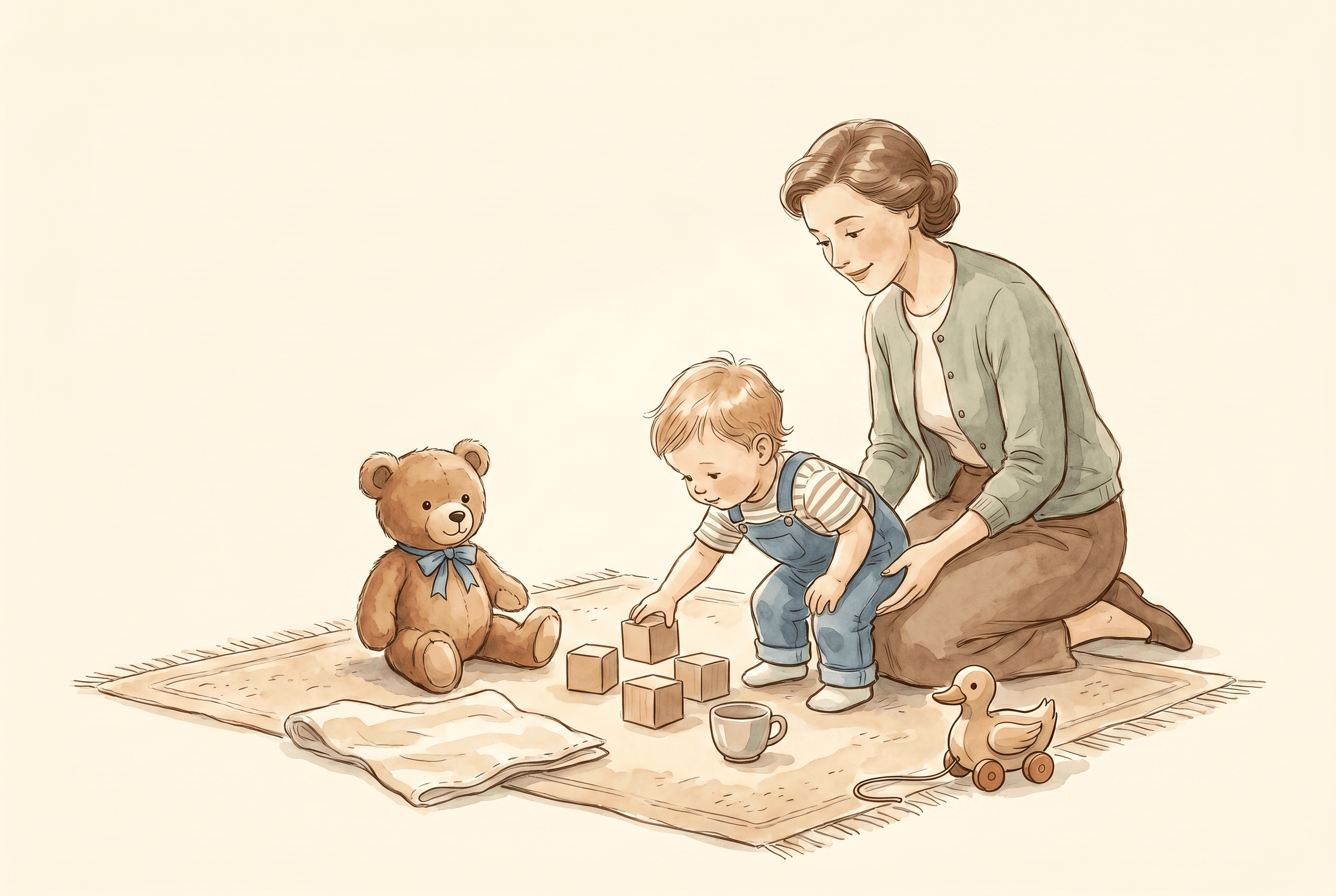 Watercolor illustration of a parent setting out a teddy bear, blanket, blocks, cup, and pull duck as a play invitation for a toddler.