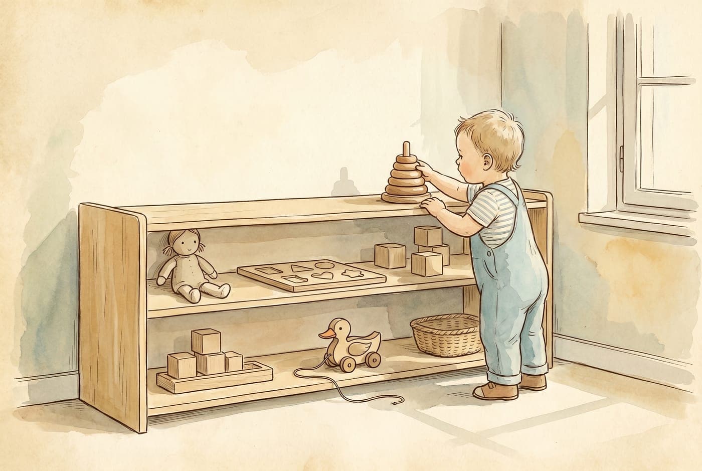 Watercolor illustration of a toddler choosing from a calm Montessori-style shelf with a few visible toys and activities.