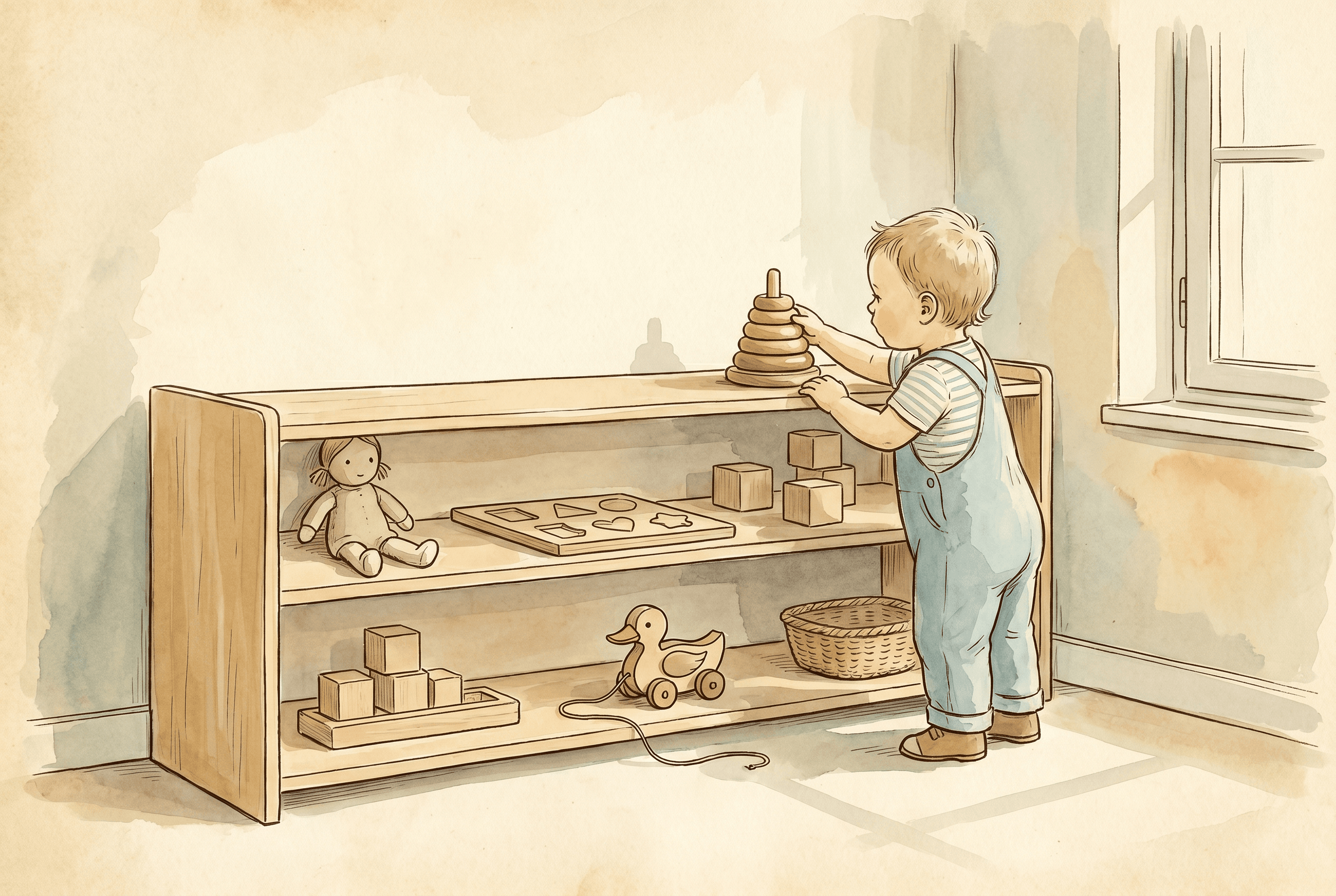 Watercolor illustration of a toddler choosing from a calm Montessori-style shelf with a few visible toys and activities.