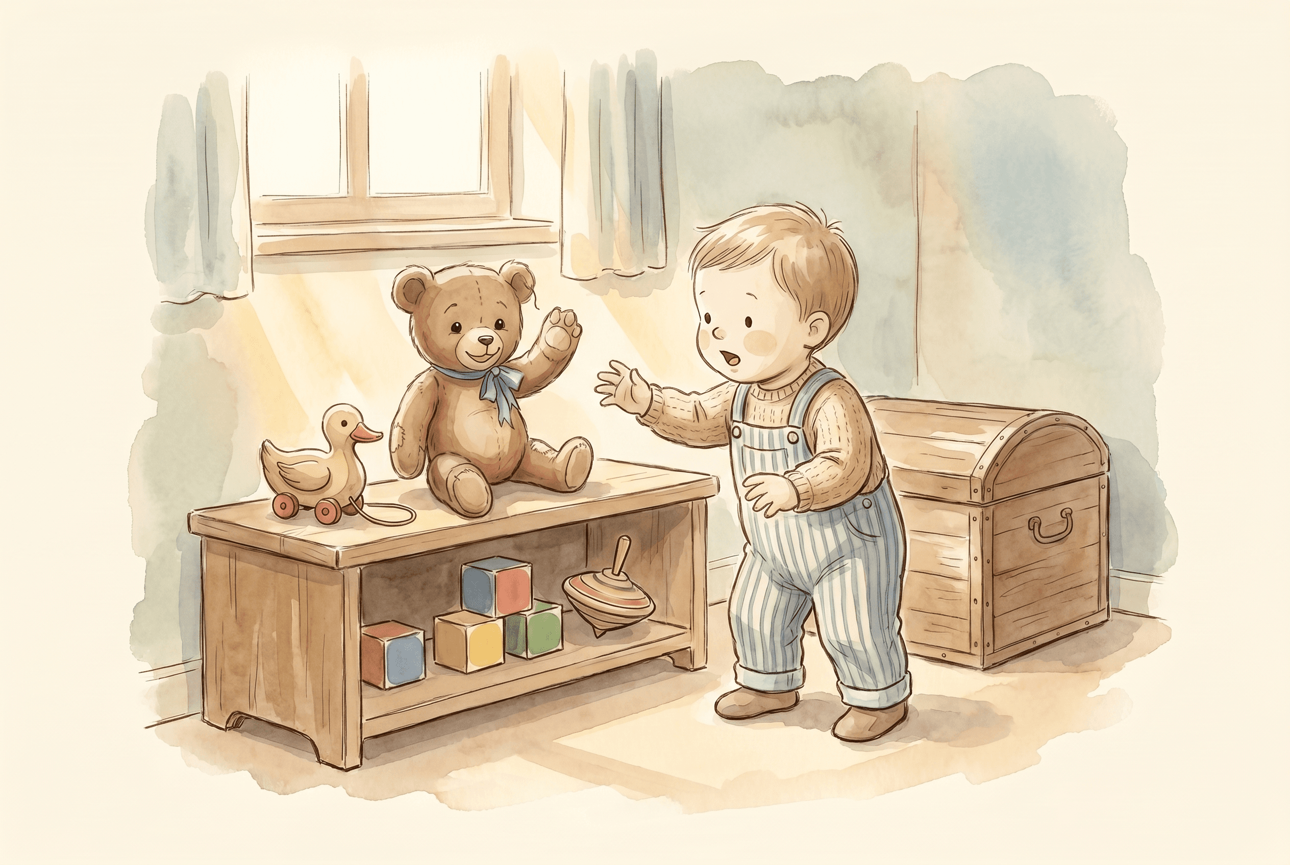Watercolor illustration of a child discovering a teddy bear, pull duck, spinning top, and blocks on a low shelf beside a closed toy chest.