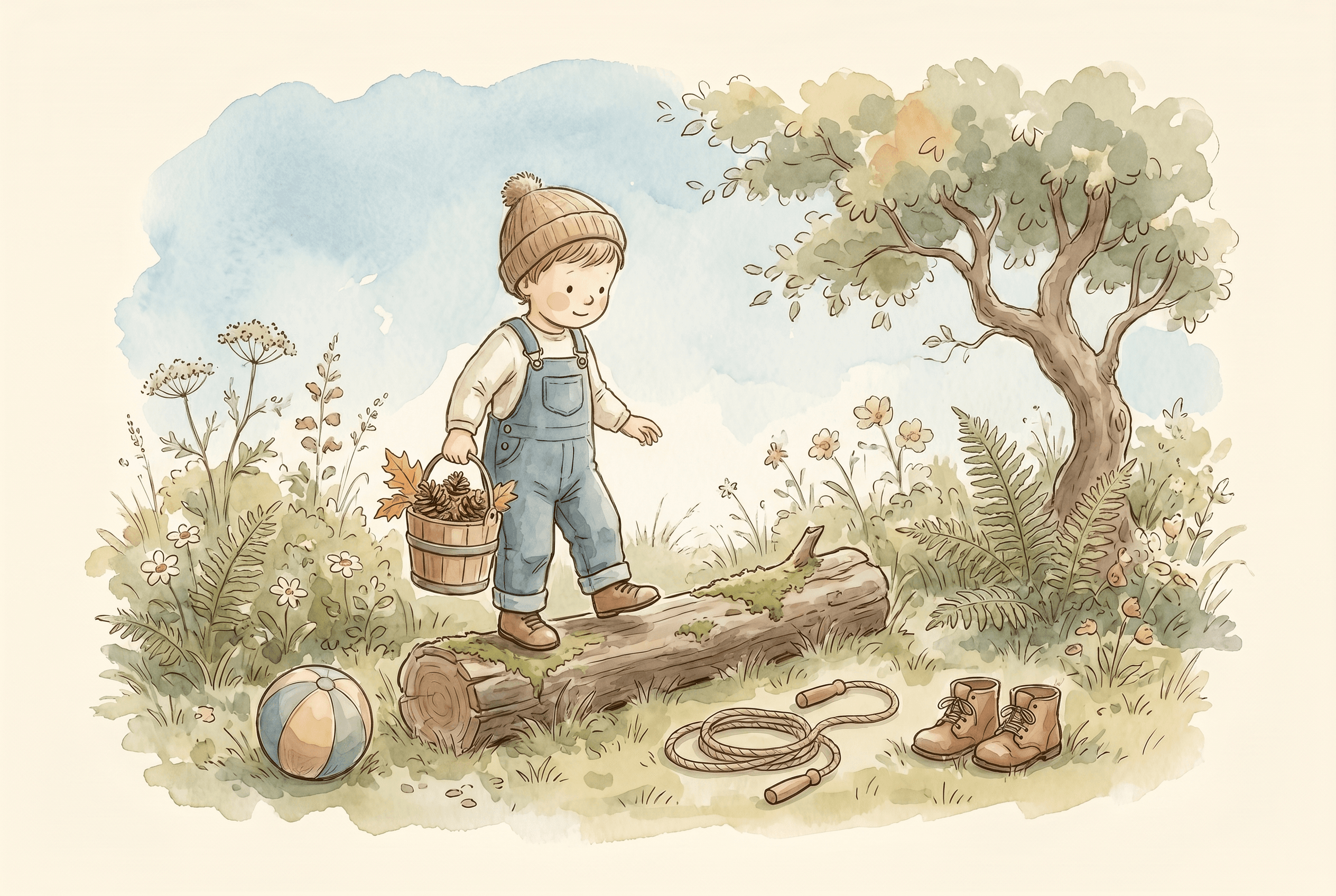Watercolor illustration of a child balancing on a low log in a garden while carrying a small bucket of leaves and pinecones.