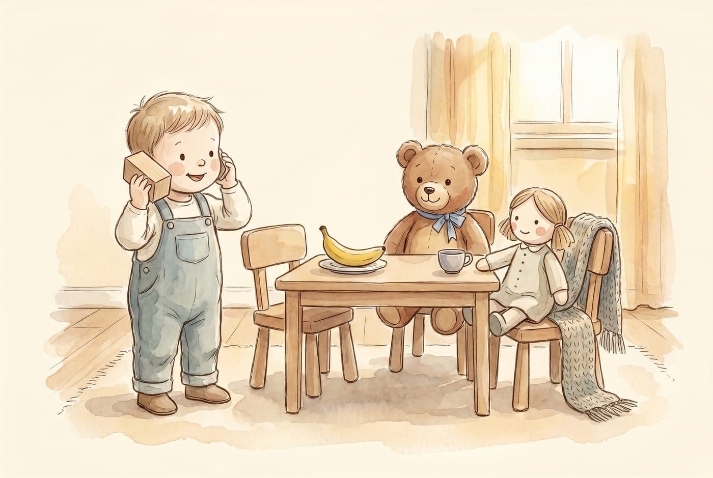 Watercolor illustration of a child holding a wooden block like a phone beside a teddy bear, doll, banana, and pretend tea table.