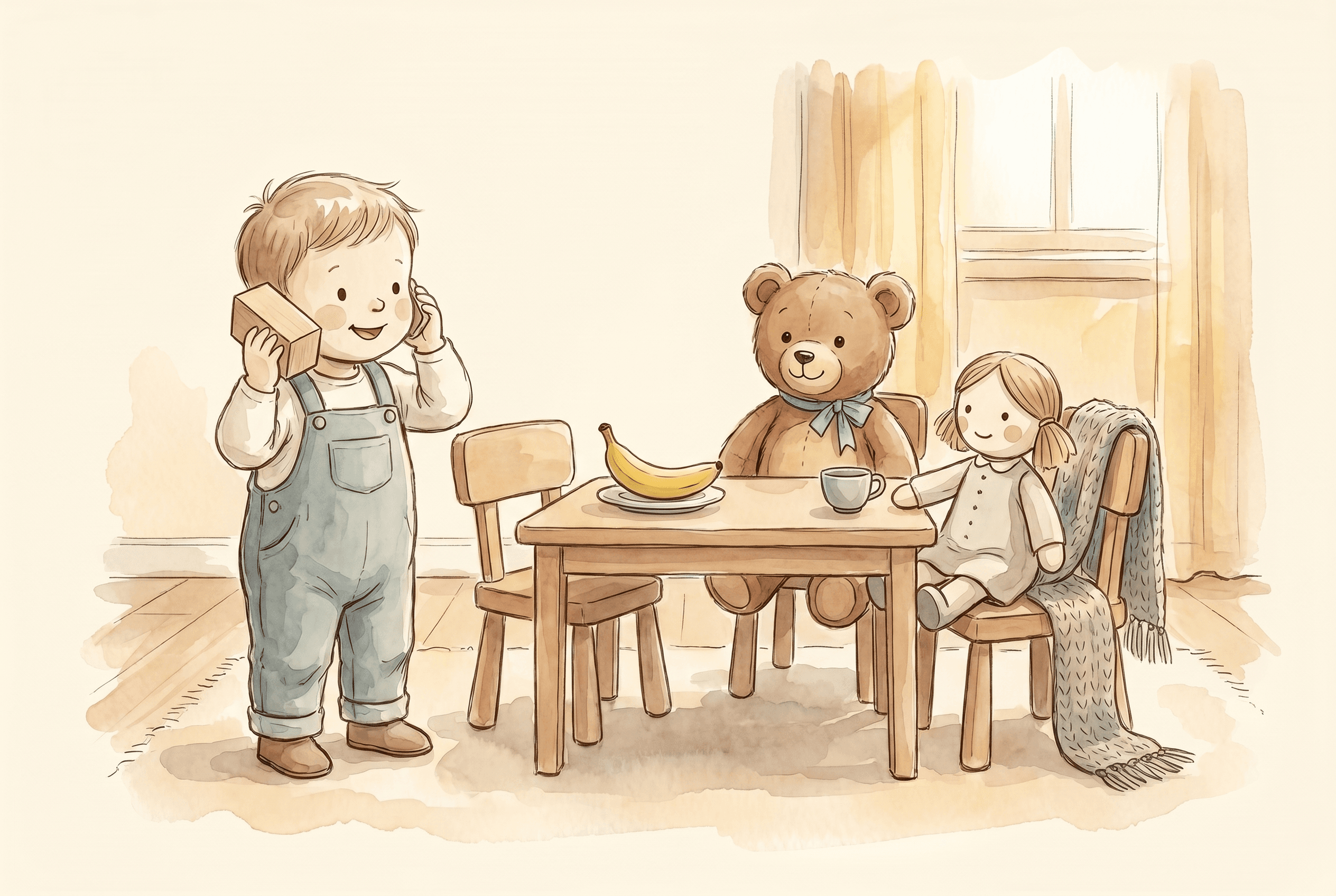 Watercolor illustration of a child holding a wooden block like a phone beside a teddy bear, doll, banana, and pretend tea table.