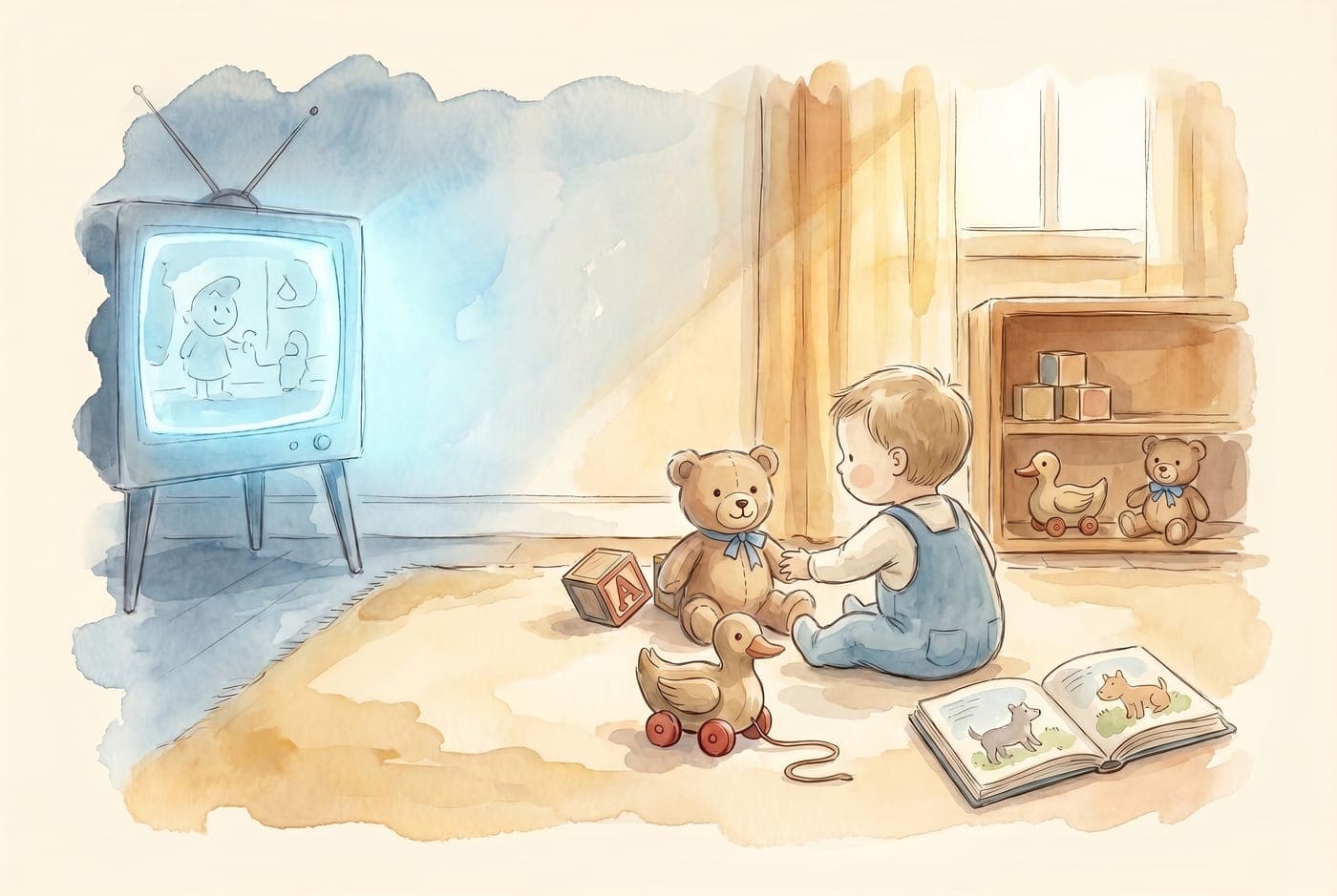 Watercolor illustration of a child turning from a glowing television toward a small visible shelf of toys.