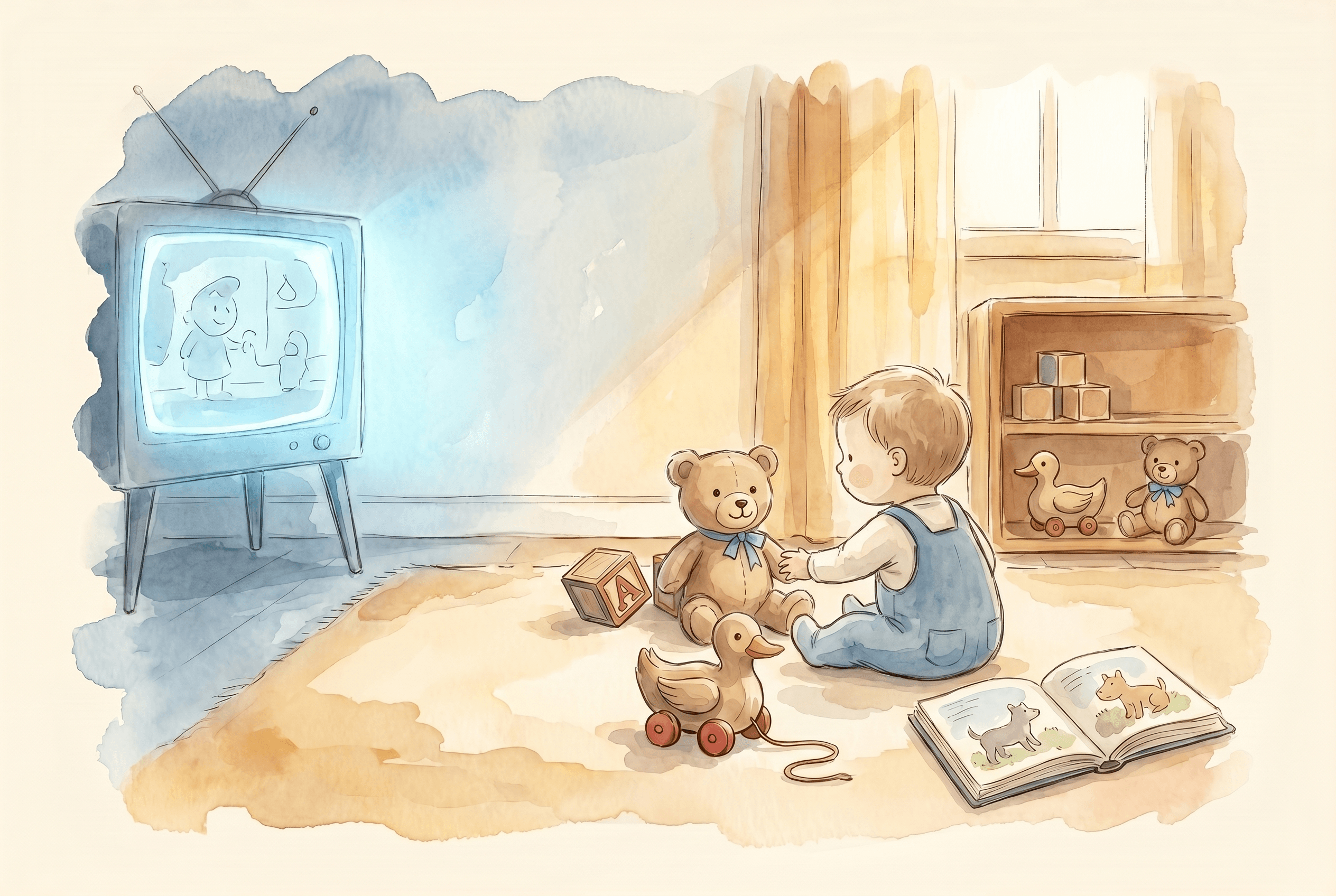 Watercolor illustration of a child turning from a glowing television toward a small visible shelf of toys.