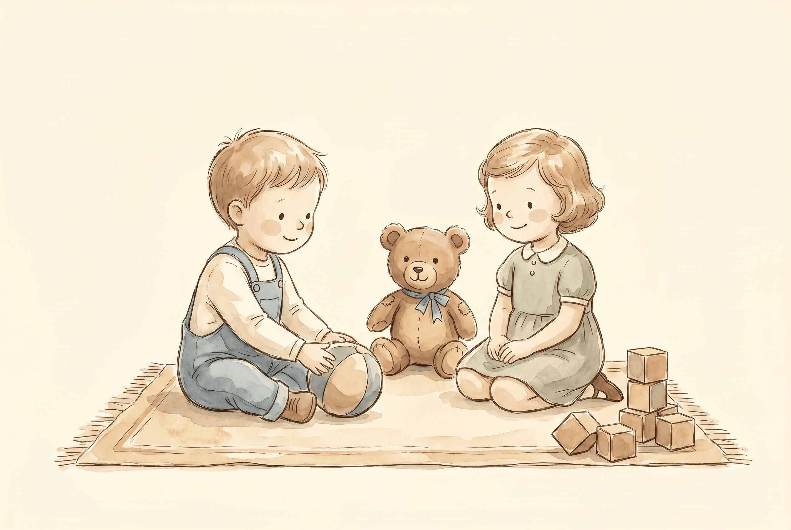 Watercolor illustration of two children calmly sharing a ball with a teddy bear and wooden blocks nearby.