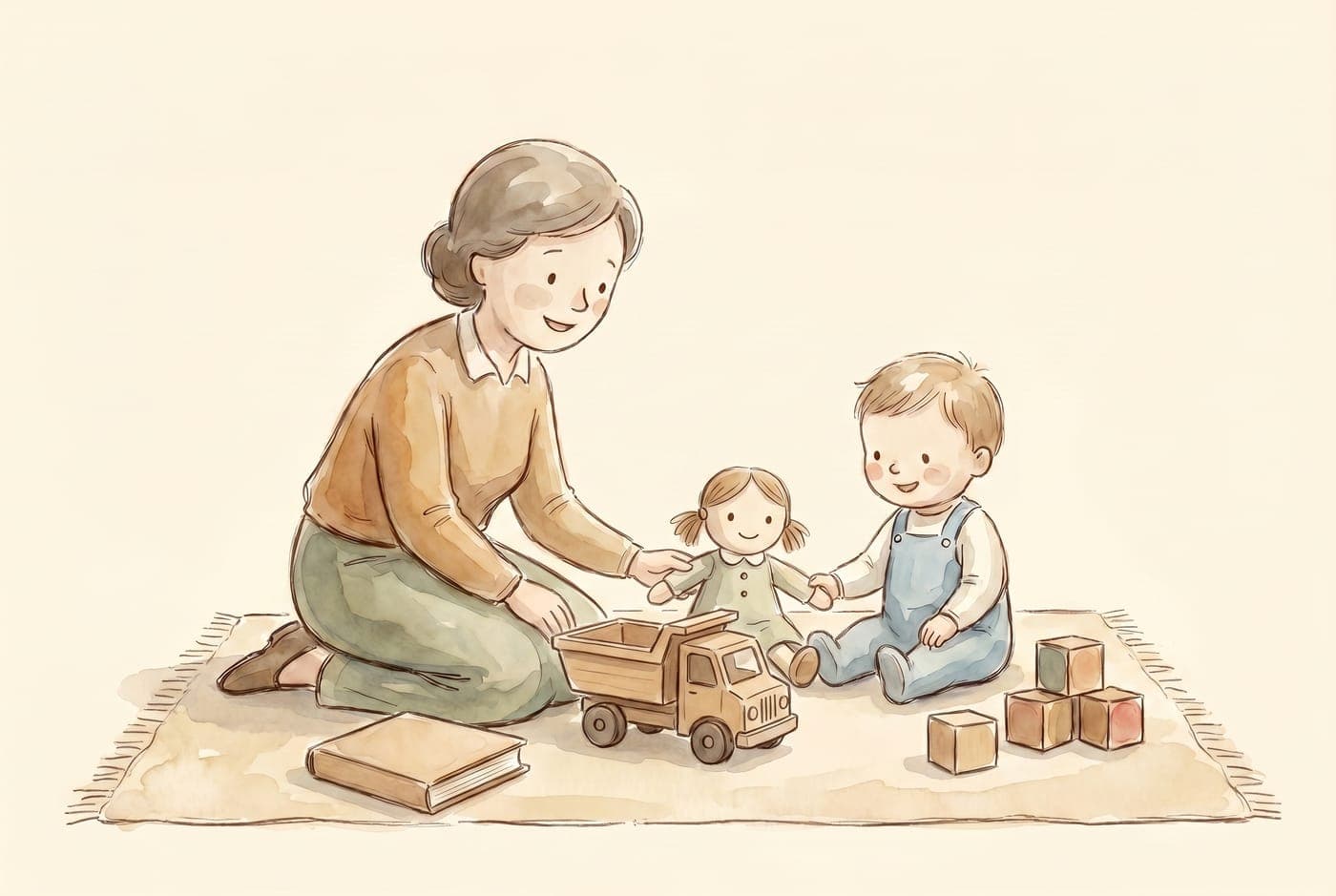 Watercolor illustration of a parent and child talking during play with a doll, wooden truck, blocks, and a book.