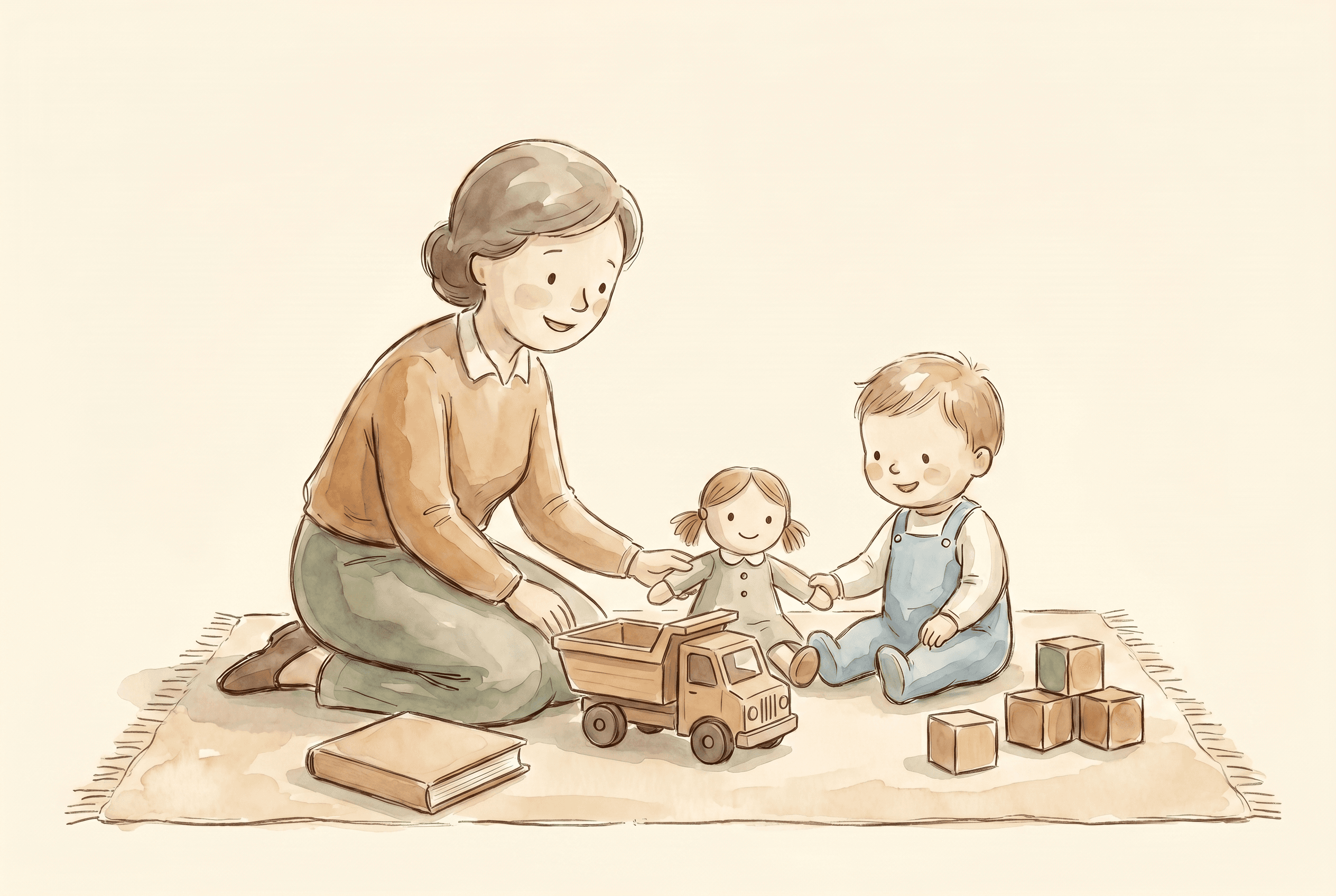Watercolor illustration of a parent and child talking during play with a doll, wooden truck, blocks, and a book.