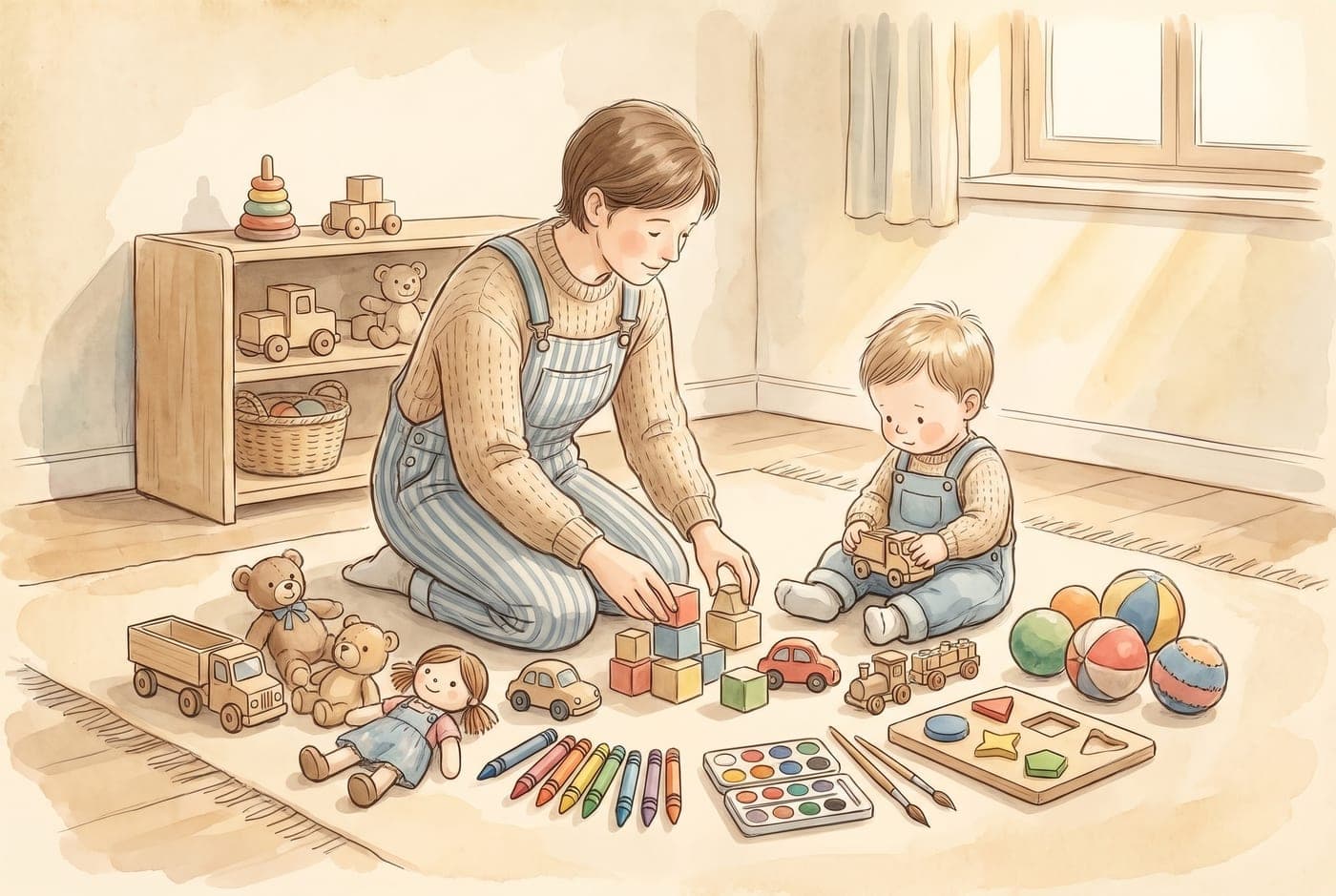 Watercolor illustration of a parent sorting toys into groups on the floor: vehicles, blocks, stuffed animals, crayons and paints, balls, and a shape puzzle, while a toddler holds a toy truck.