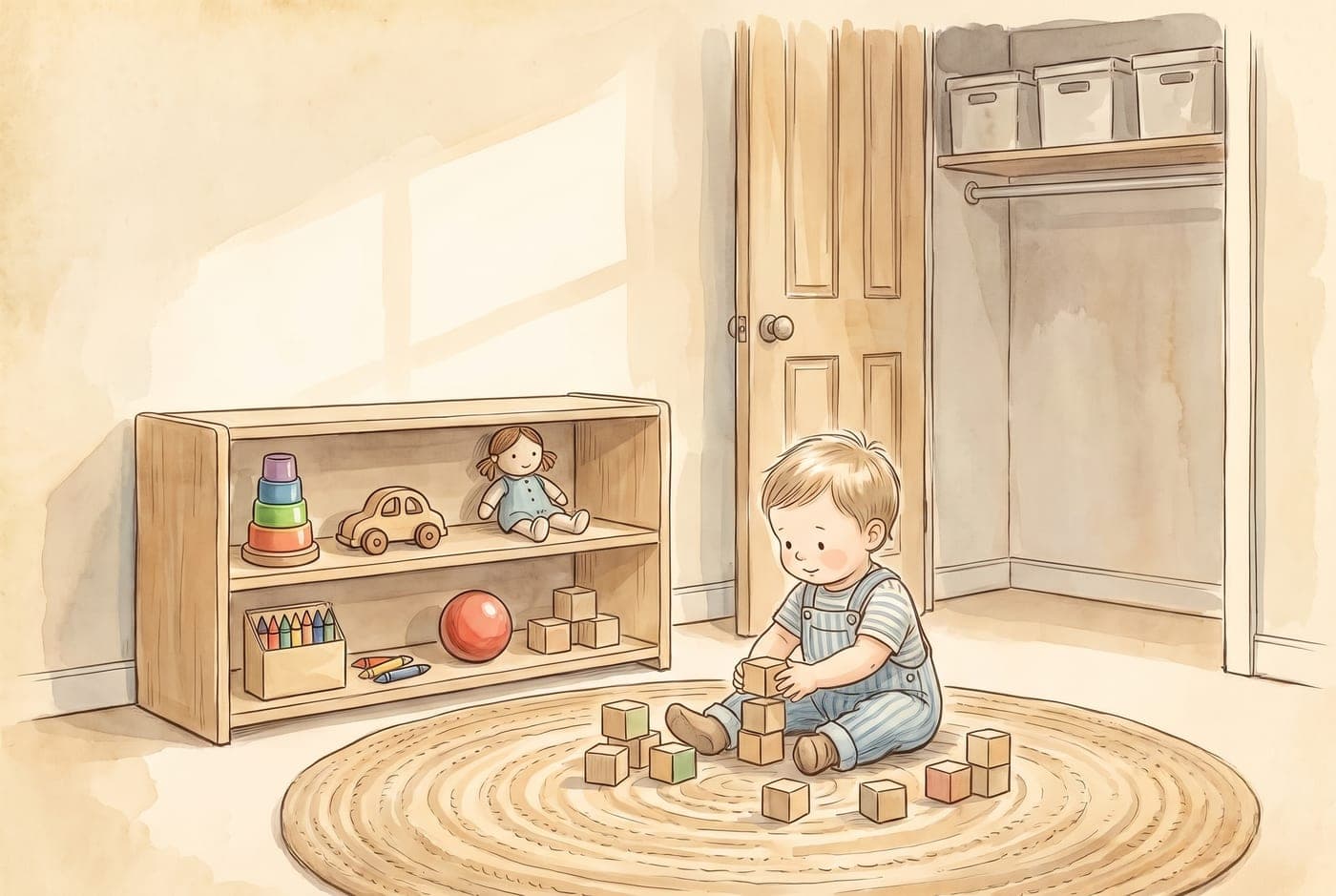 Watercolor illustration of a toddler stacking blocks on a round rug beside a low shelf of a few toys, with lidded storage boxes on a high closet shelf.